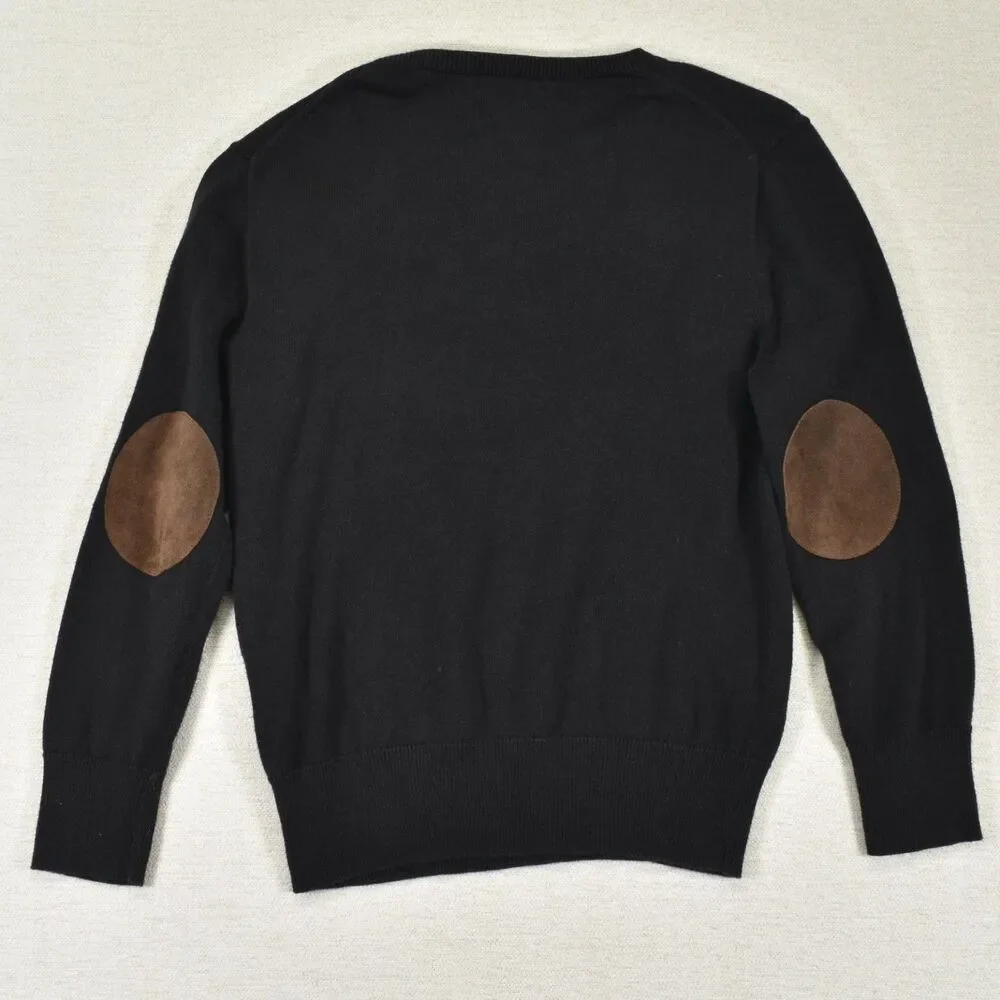 Polo Ralph Lauren Boys 7 Black V Neck Sweater Suede Elbow Patches Red Pony Knit